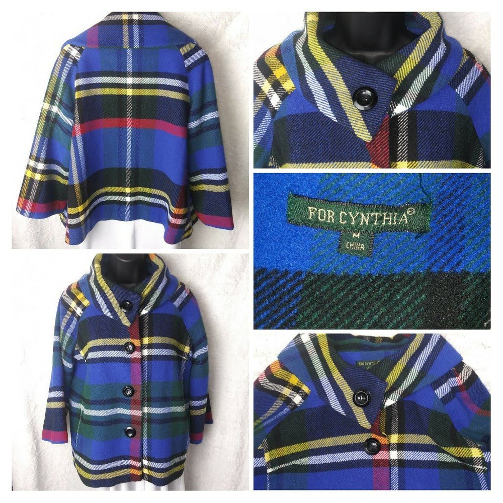 For Cynthia Wool Plaid Blue Jacket Coat Women's Size M